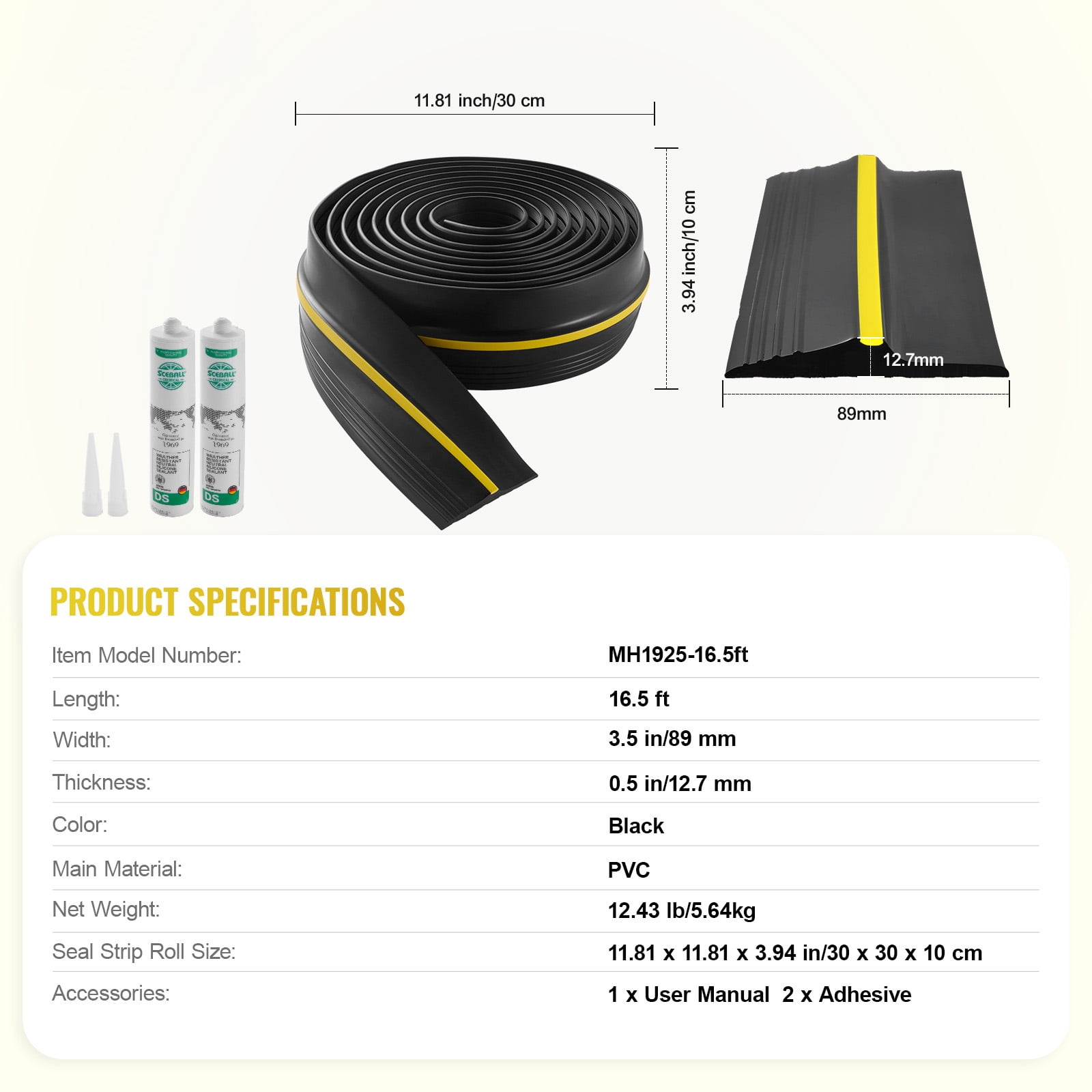 KFFKFF Garage Door Protective Seal Strip, 16.5 FT All-Purpose Garage Door Ground Seal Strip, Garage Door Base Weather-Resistant Strip, Enhanced Thick PVC DIY Weather Insulation Substitute, Black