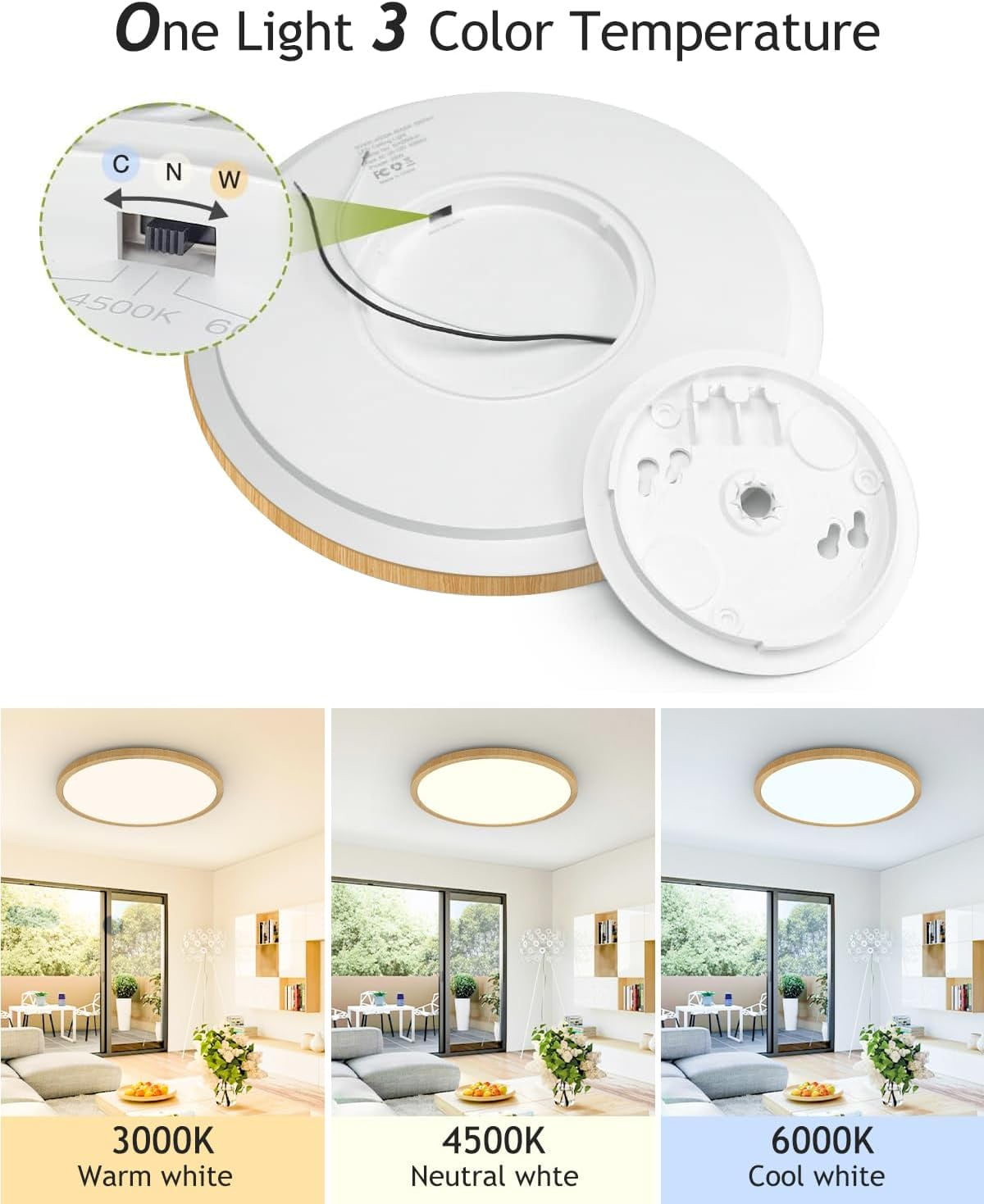 RGHJAR-1PACK Flush Mount LED Ceiling Light Fixture Wooden, 12Inch 28Watt, Dimmable & 3000K-4500K-6000K 3 Color Selectable Ceiling Lamp 3200LM Low Profile Ceiling Light for Kitchen Bedroom Hallway Por