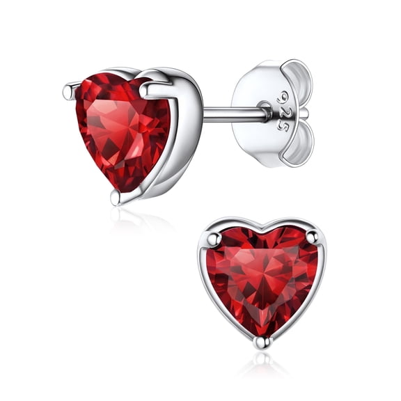 ChicSilver Solid 925 Sterling Silver Red Stud Earrings Heart Created Garnet Earrings for Women January Birthstone Jewelry Birthday Christmas Anniversary Gift for Her Wife Mom