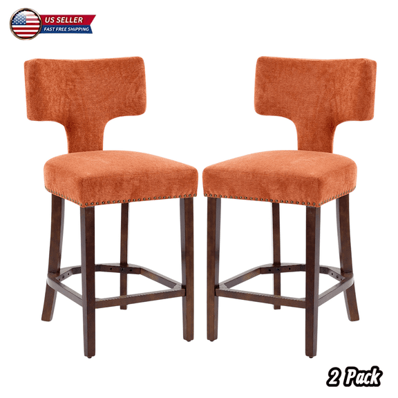 Hassch Linen Upholstered Bar Stools Set of 2, Mid Century Modern Counter Height Armless Chairs with Curved Backrest, Padded Seat, Copper Nail Trim & Solid Wood Legs, Farmhouse Style (Orange)