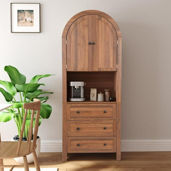 71" Tall Arched Kitchen Pantry Cabinet with Microwave Shelf,Modern Farmhouse Hutch Cabinet with Drawers & Door,Arched Storage Sideboard Cabinets (Walnut, 13.78" D x 27.56" W x 70.87" H)