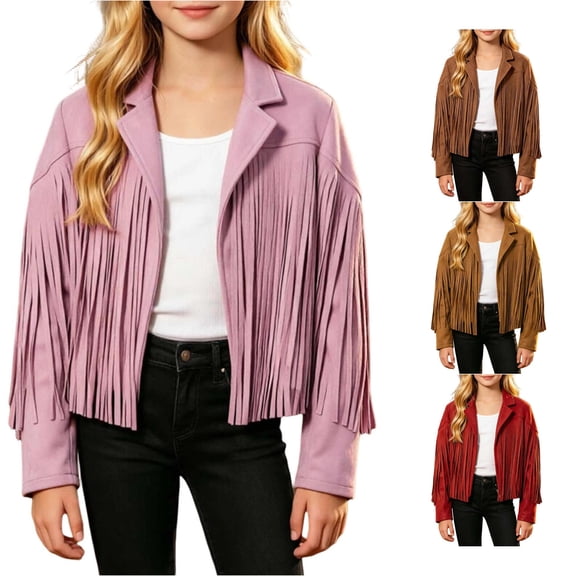 Girls Fringe Jacket, Kids Cowgirl Western Tassel Motorcycle Cardigan Cropped Coat 5-14 Years