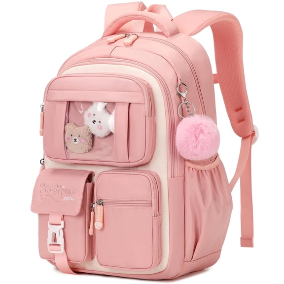 MEHOOM Girls Backpack for School, Kids Bookbag for Girls, Kawaii School Bag with Clear Display Pocket, Large Capacity Elementary Middle School Backpack, Pink