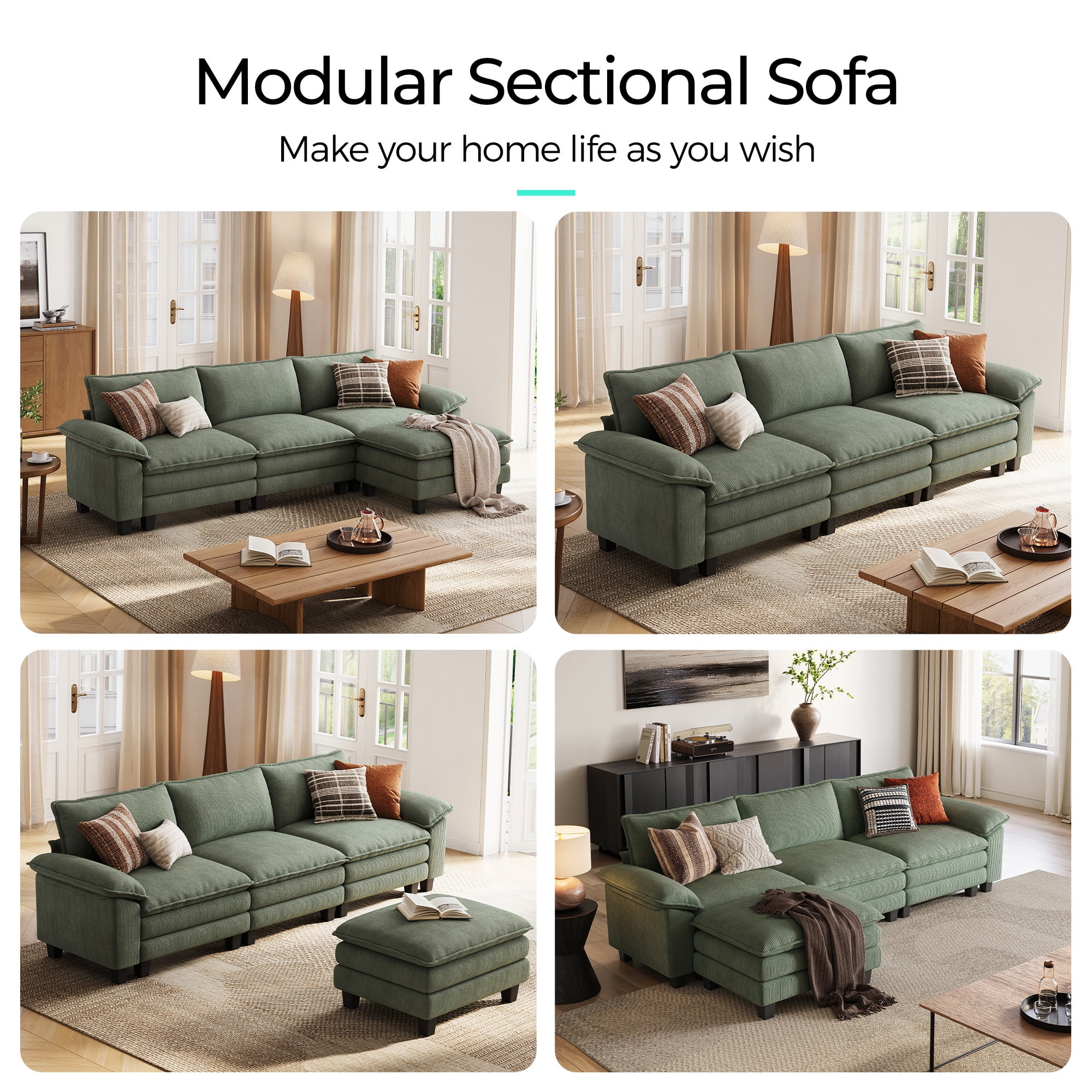 Linsy Home 123" Oversized Modular Sectional Sofa with Movable Ottoman, 3-Seat L Shaped Cloud Couch for Living Room, Green