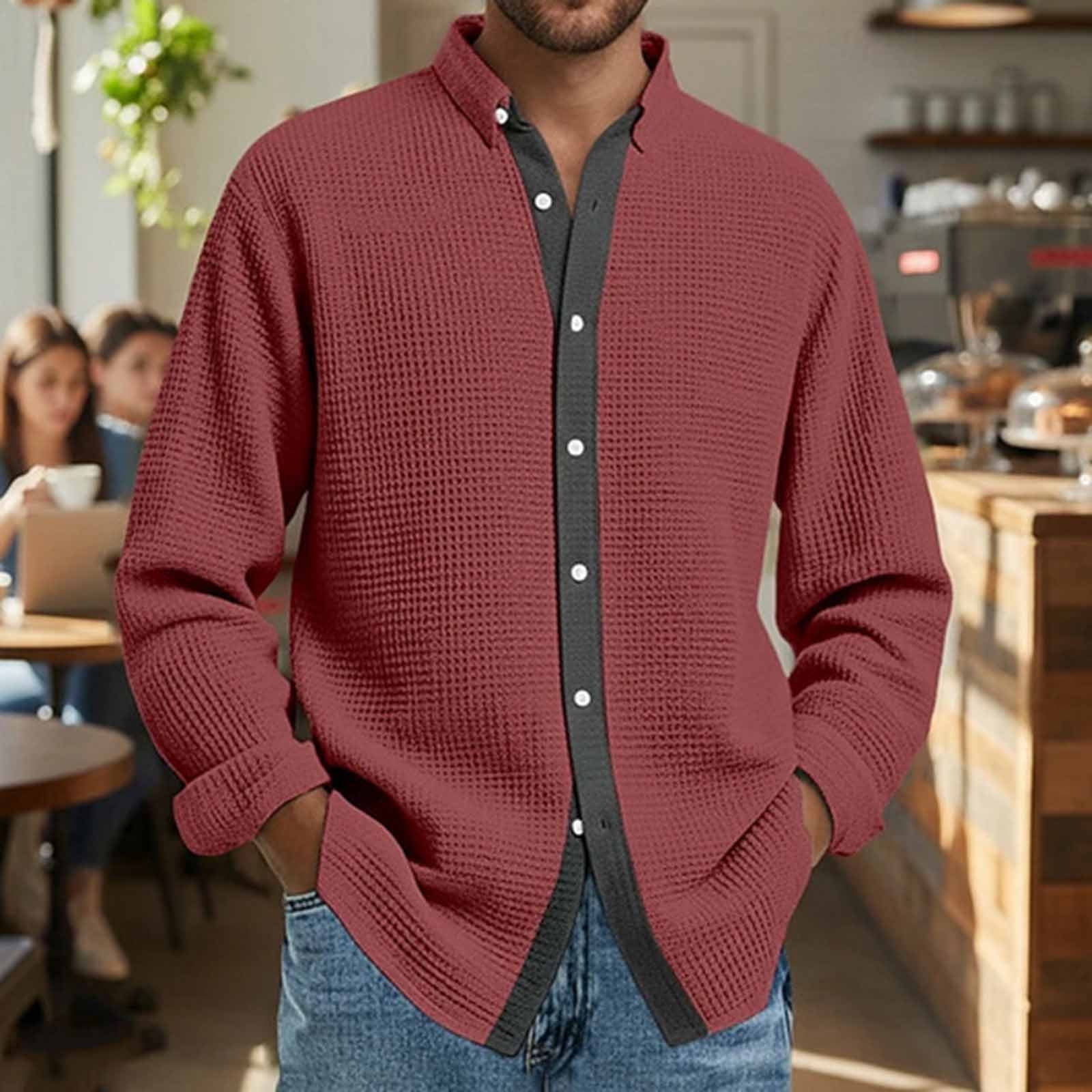 Long Sleeve Shirts for Men, Men's Button Down Waffle Textured Shirt Casual Long Sleeve Lapel Neck Wrinkle Free Untucked Shirts Fashion Clothes