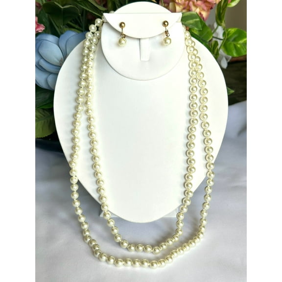 Clip on 54" long gold and white pearl necklace and earring set