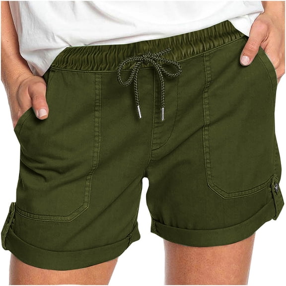 Cargo Shorts for Women Women's Fashion Solid Color Casual Wide Leg Loose High Waist Lace-Up Shorts Army Green L