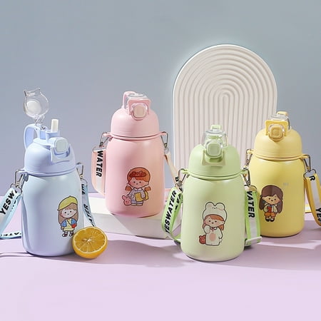 

Hesroicy 1000ML Insulated Cup with Straw High Capacity Leak-proof Elastic Lid Keep Warm Big Belly Cartoon Girl Pattern Insulated Cup for Children