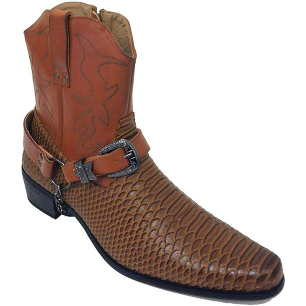 Men's Cowboy Boots Western Snake Skin Print Alligator Crocodile Zippper Buckle Harness