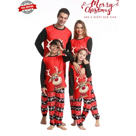 

Family Matching Christmas Pajamas Baby Romper/Cartoon Deer Print Long Sleeve Tops + Elk Snowflake Print Pants Loungewear