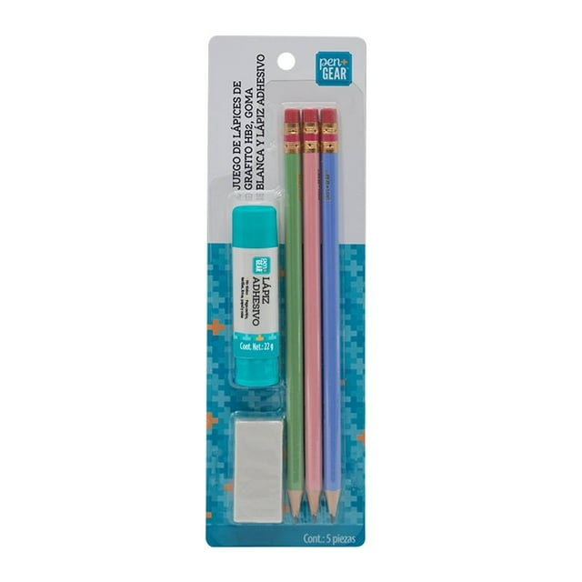Set de Escritura Pen + Gear Con Lápiz Adhes 8G, 3 Lapiz Grafito Pastel , 1 Goma