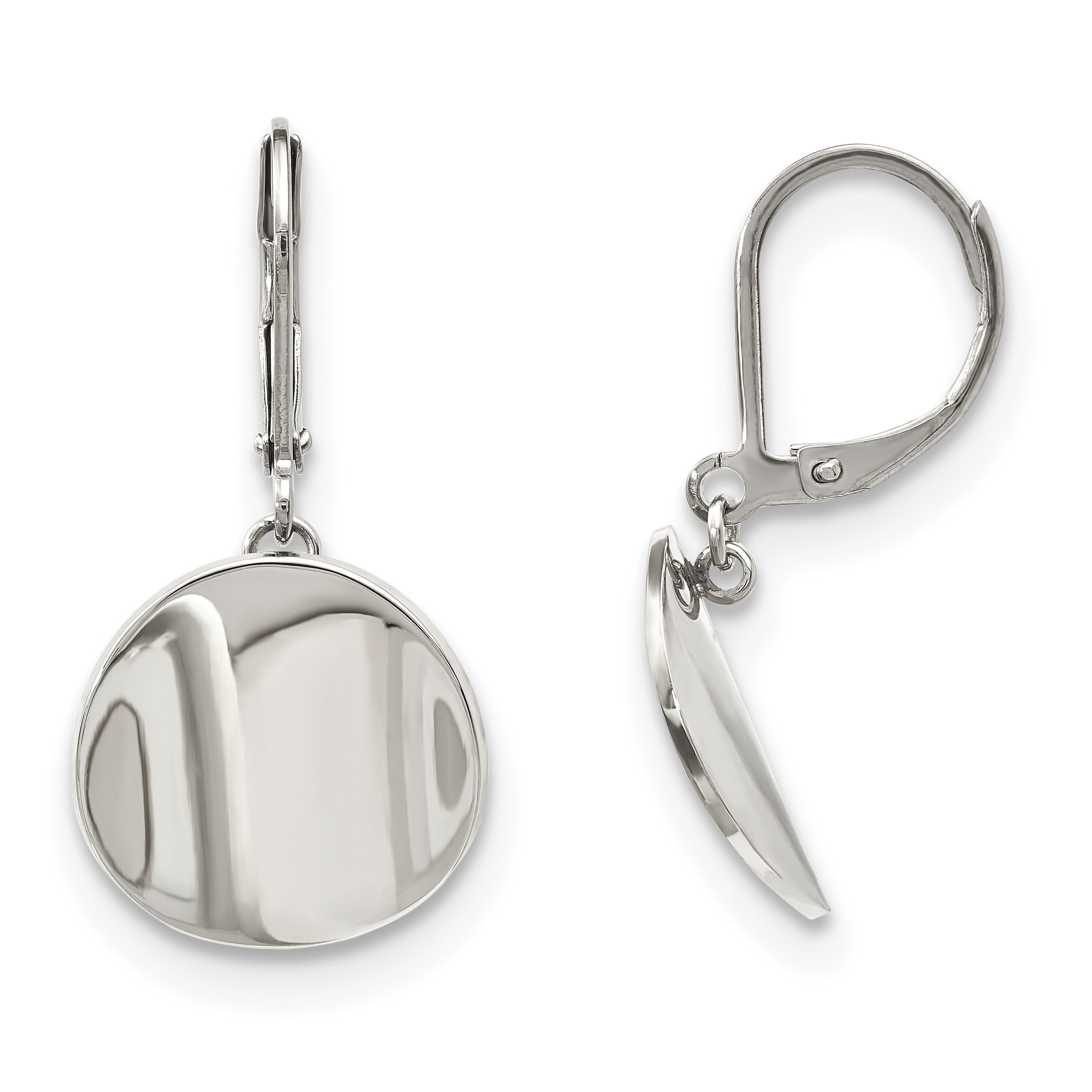 Stainless Steel Polished Curved Disk Leverback Dangle Earrings