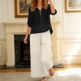thumbnail image 2 of Summer Solid Color V Neck Embroidered Three Quarter Sleeve Top and Wide Leg Pants Two Piece Set for Women Beach Black M, 2 of 4