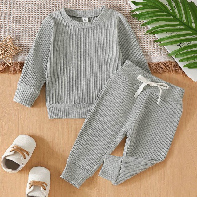 Fgnfyis Toddler Girls Boys Winter Long Sleeve Ribbed Solid Color Tops Pants 2PCS Outfits Clothes Set 90 Grey
