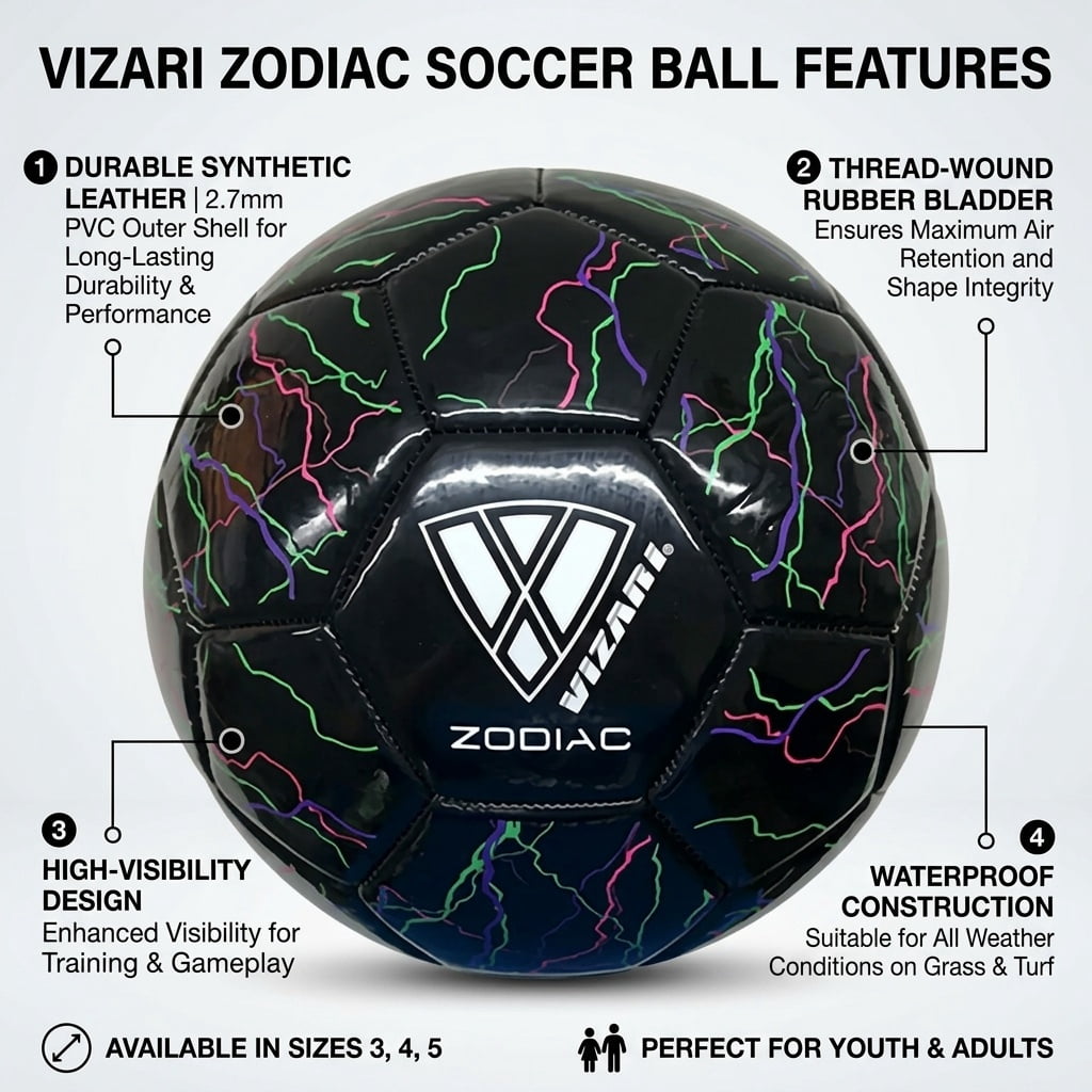 Vizari Zodiac Soccer Ball | Sizes 3, 4, 5 | Durable Waterproof Synthetic Leather | For Youth & Adults - BLACK, 3