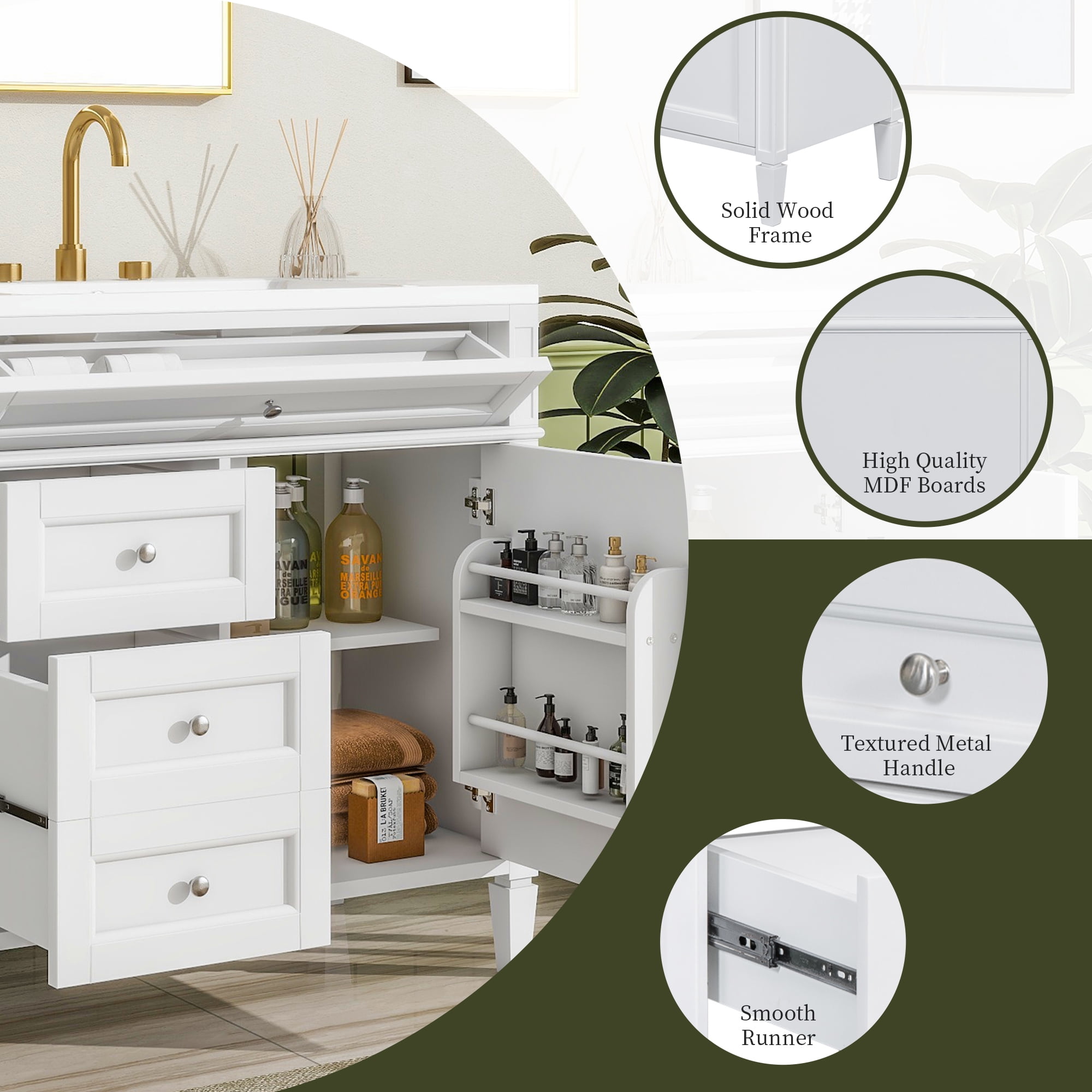 EUROCO 36'' Bathroom Vanity with Sink, Modern Bathroom Storage Cabinet with 2 Drawers and a Tip-out Drawer, Freestanding Bathroom Dresser, White