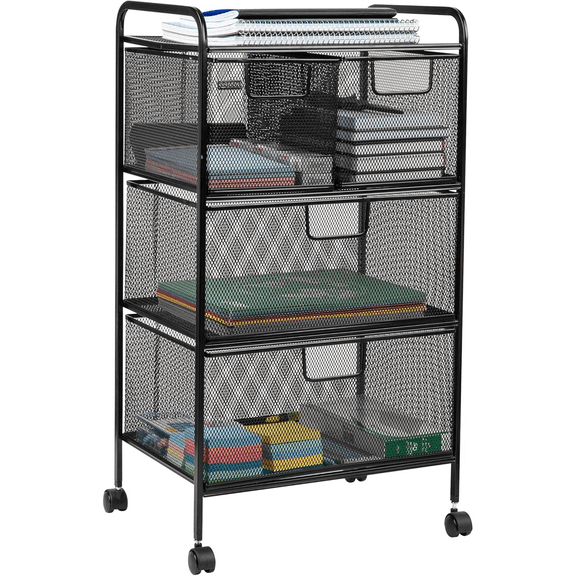 Cart with Drawers, Multipurpose Office Organizer, Utility Cart, Rolling Storage, Metal Mesh, Black