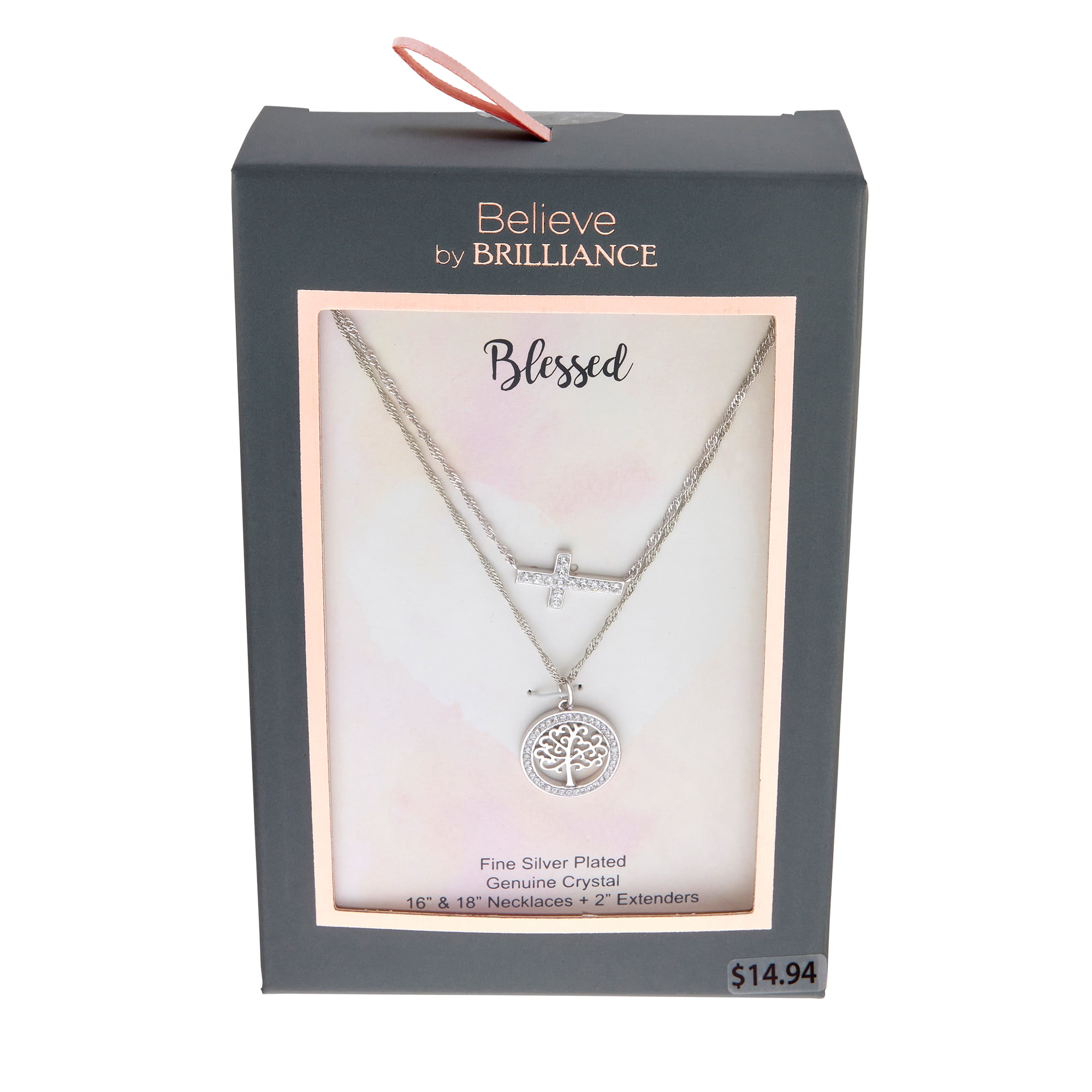 Believe by Brilliance Fine Silver Plated Crystal Cross and Tree of Life Necklace Set
