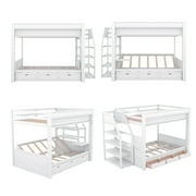 Euroco Wood Full Bunk Bed or Full over Futon with Shelf and Drawers for Kids Teens, Covertible into Daybed for Living Room, White