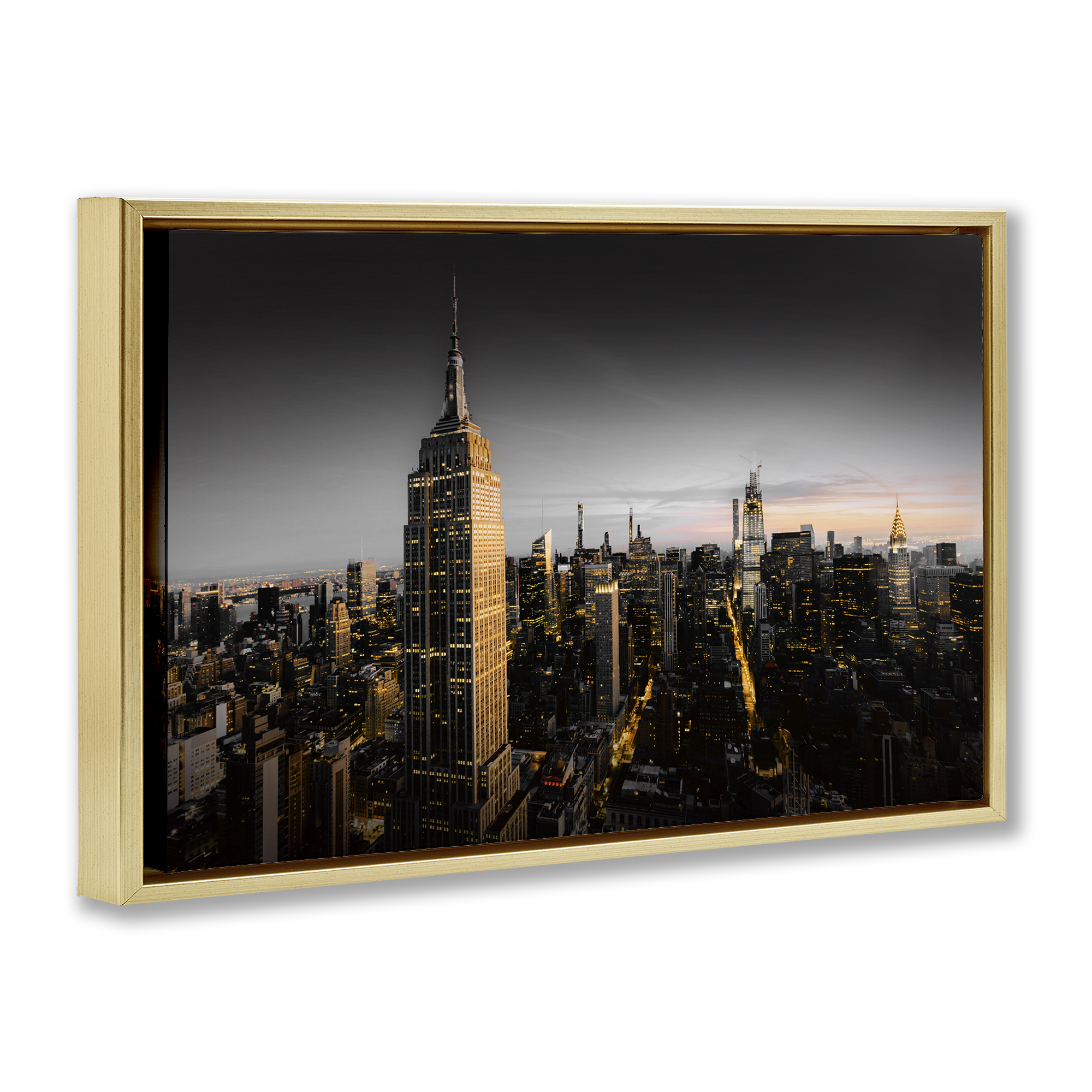 Stupell Industries Aerial City Horizon Scenic & Cityscapes Photography Gold Floater Framed Canvas Art Print Wall Art, 25 x 17