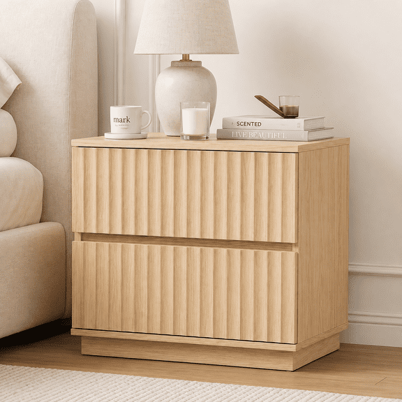 EcoNovi Natural Oak Fluted Nightstand, 2 Drawer Bedside Table with Handleless Front, Wide Storage Cabinet for Bedroom