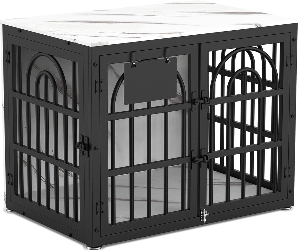 Dog Crate Furniture with Cushion, Wooden Dog Kennel End Table with Double Doors, Heavy Duty Indoor Dog House for Small Medium Large Dogs, Marble pattern, 32in