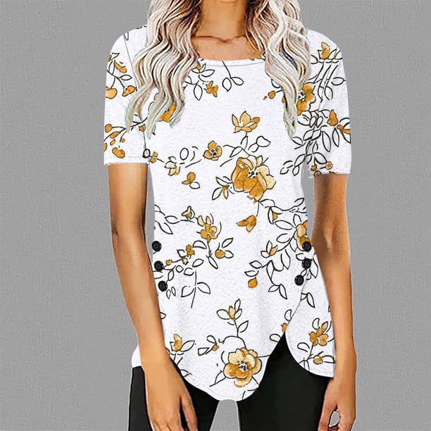 Fiudx Ofertas Flash Del Día Solo En Línea Blusa Casual de Manga Corta con Estampado de Botones y Cuello Redondo para Mujer