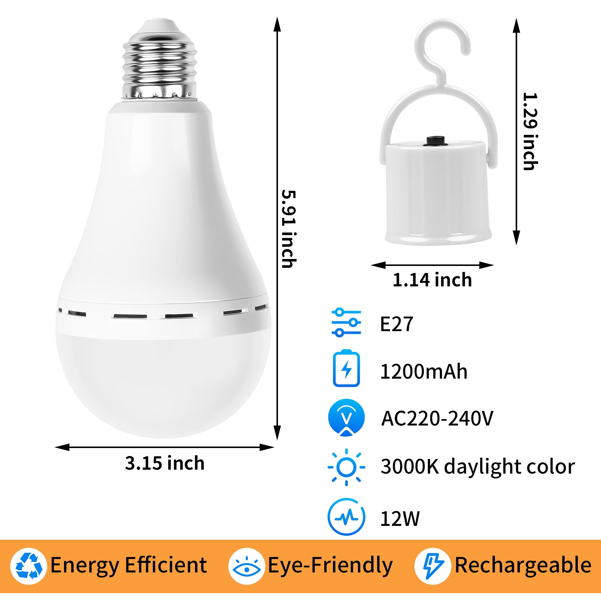 6 Pack Rechargeable Light Bulbs, 85% Energy Saving 3000K Battery Powered LED Light Bulb Daylight E27 240 Volt 12W 1200mAh, for Power Outage Camping Outdoor Activity