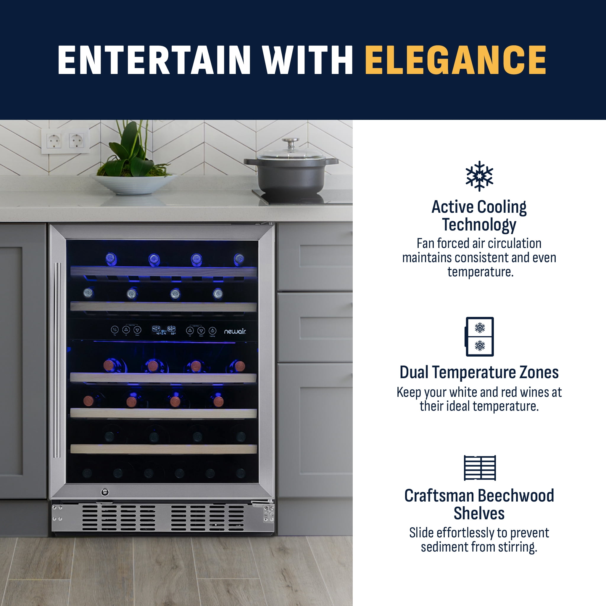 Newair 24 inch 46 Bottle Wine Cooler Refrigerator, Built-in Recessed Kickplate, Dual Zone Wine Fridge in Stainless Steel