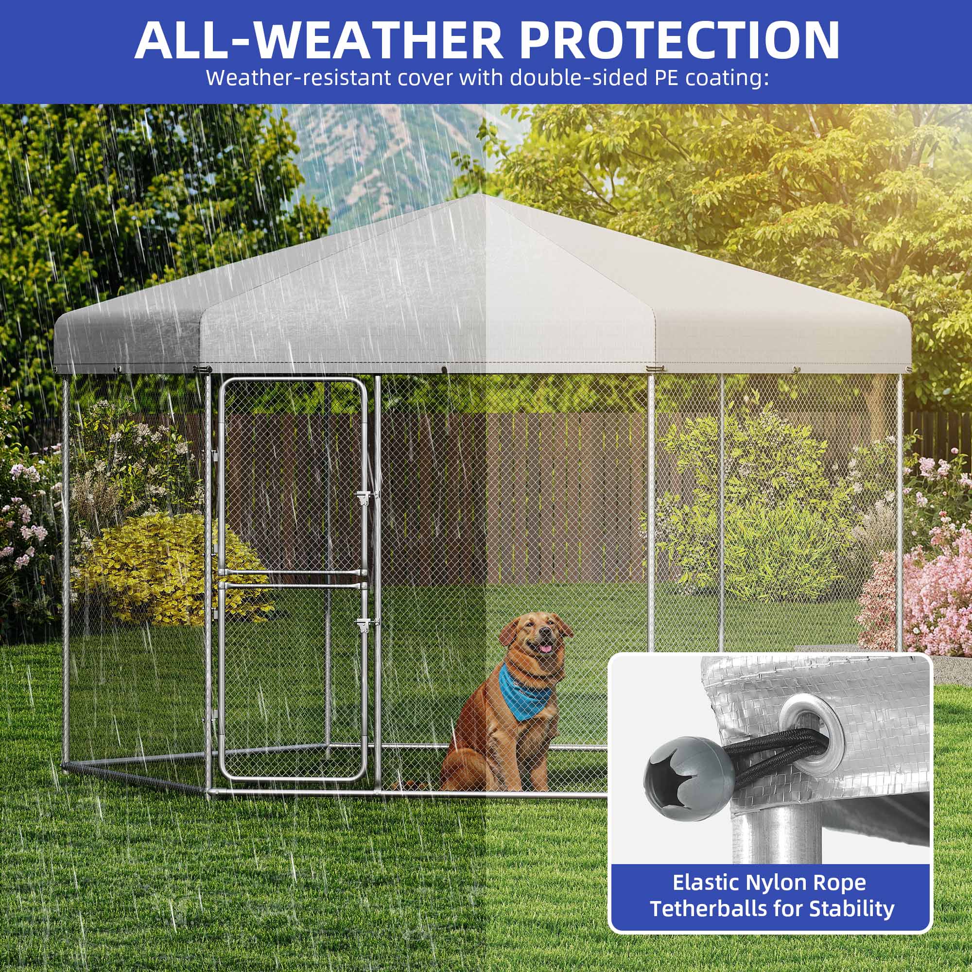 ModFusion 90" Outdoor Dog Kennel with Roof – Heavy-Duty Galvanized Steel Pet Playpen, Weatherproof Canopy, Secure Lock & Hexagonal Wire Fence for Large Dogs