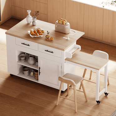 ModernMate Kitchen Island, Rolling Cart with Drop Leaf, 2 Drawers, Shelves, Power Outlet