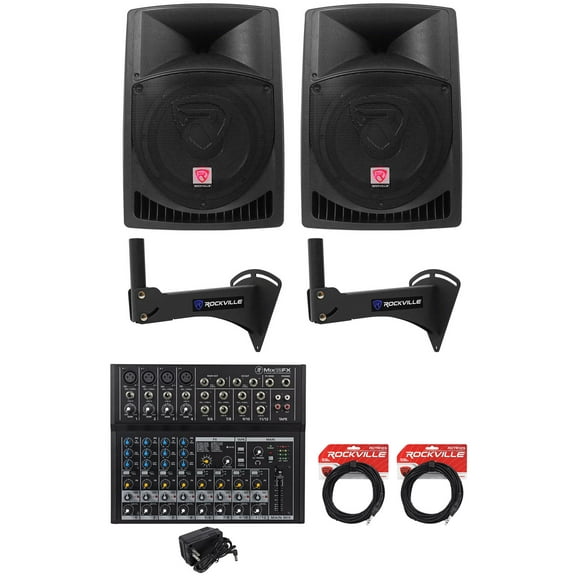 2) Rockville RPG12 12" Powered 800w Speakers Wall Mounts For Restaurant/Bar/Cafe