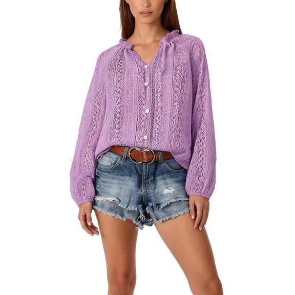 Women's V-Neck Lace Crochet Blouse, Hollow Long Sleeve Button-Front Top