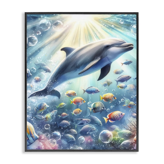 Stupell Industries Dolphin Among Sea Life Nautical & Beach Painting Black Framed Art Print Wall Art, 11 x 14