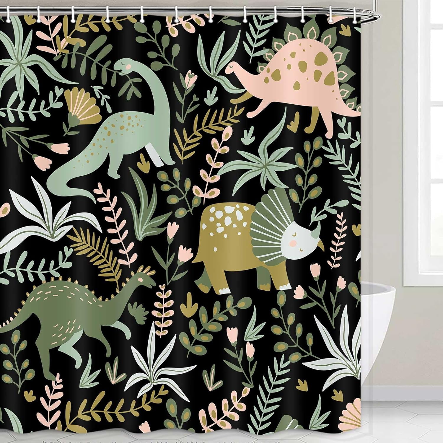 Kids Shower Curtains,Funny Dinosaur Shower Curtains, Cute Dinosaur for Boys Girls, Green Plant Leaf Flowers Colorful Bathroom Decor with Hooks Waterproof Fabric Polyester Bathtub Decorative