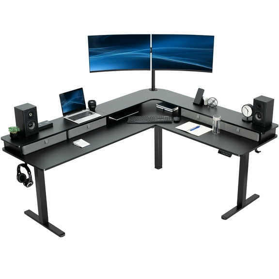 VIVO 2-Tier Electric 75" x 63" Corner Desk, Black Table Top, Black Frame