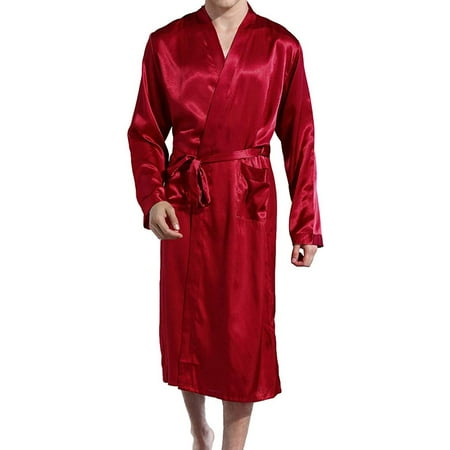 

Men s Imitation Silk Long Solid Cardigan Nightgown with Belt and Pokets