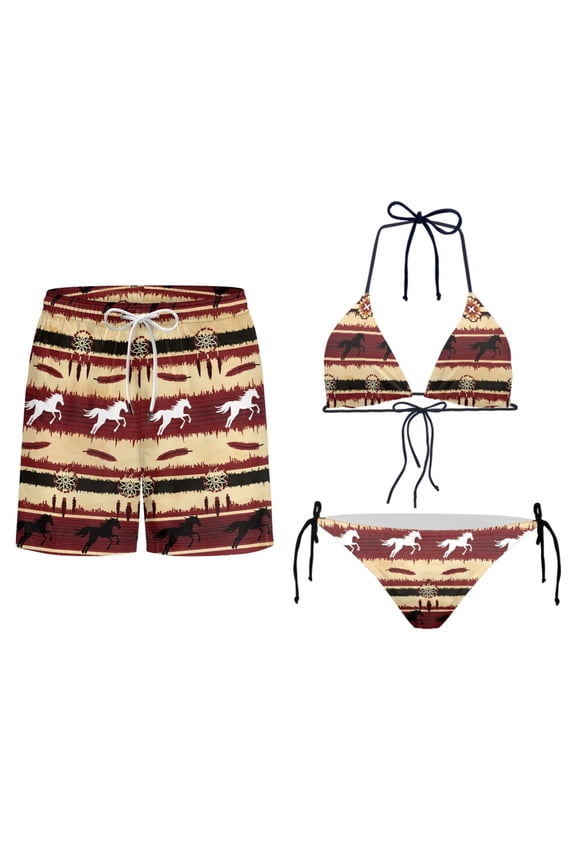 Couples Matching Swimsuits Tribal Horse Feather Women's Bikini Sets Sexy 2 Piece Bathing Suit for Hawaiian Funny Couples Swimwear Matching Bathing Suits