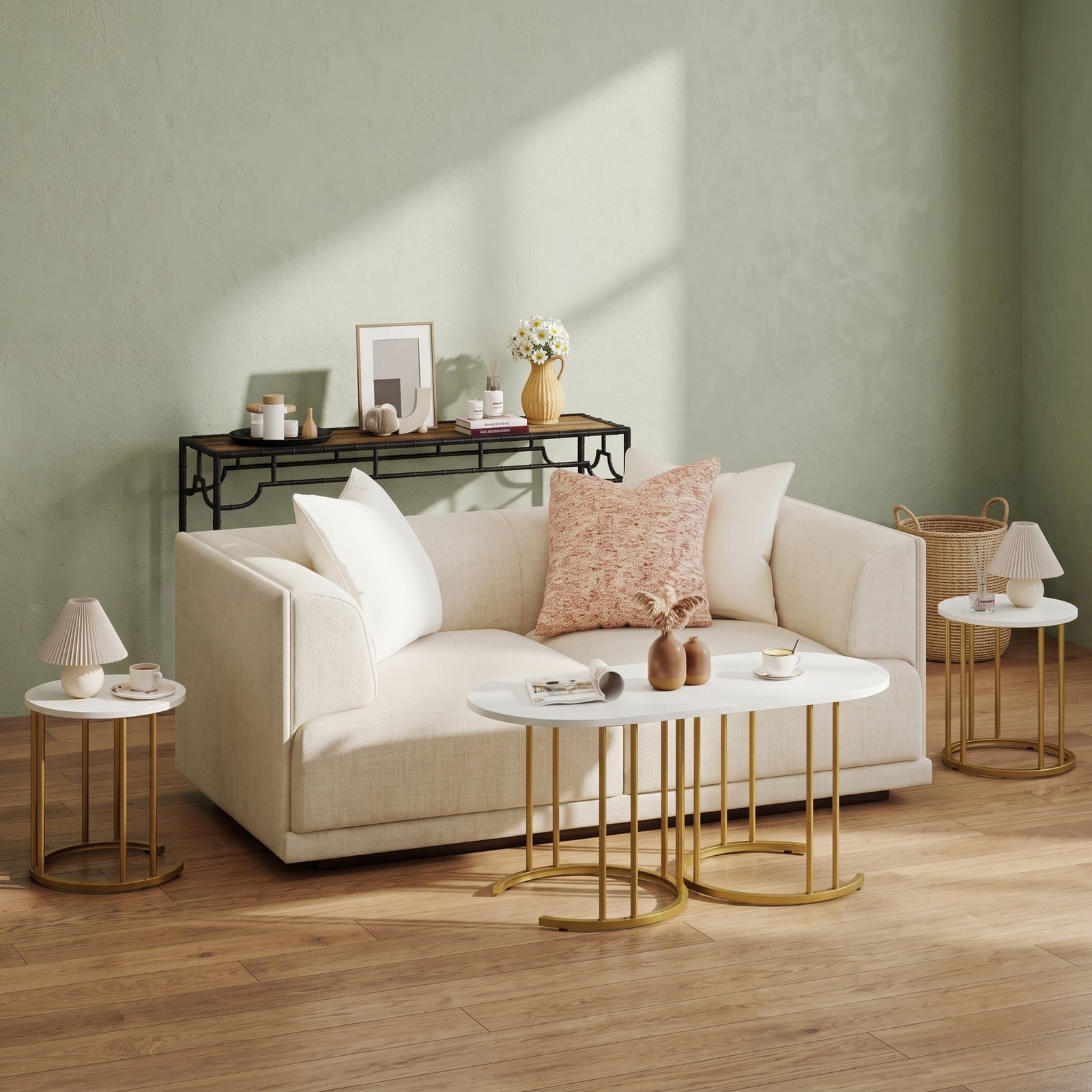 Furnibear Nesting Coffee Table Set of 3, Faux Marble Coffee Tables with Powder-Coated Gold Metal Frame, Modern Space-Saving Stackable End Side Tables for, White & Gold