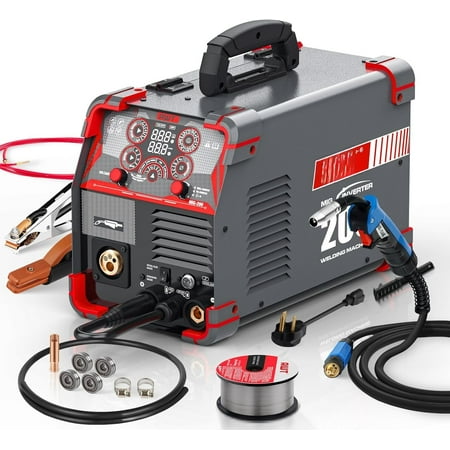 MIG Welder, 200Amp 8 in 1 Gas MIG/Gasless Flux Core MIG//Lift TIG/Spot Welding/Spool MIG Welder, 110/220V Dual , Multi-Process Welding Machine With Digital Display
