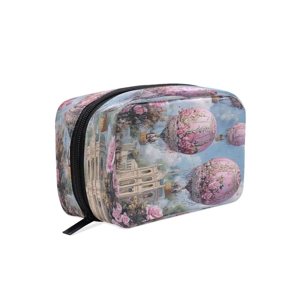 BZSMCE Makeup and Cosmetic Bag Women Simple Pink Floral Hot Air Balloons Pattern Square Cosmetic Bag