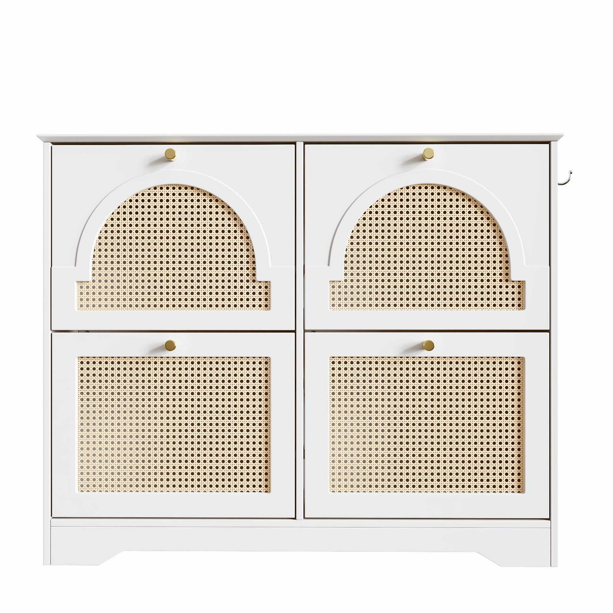 Euroco Mid-Century Rattan Shoe Cabinet with 4 Flip Drawers, Arched Doors, and Side Hooks, Holds up to 12 Pairs of Shoes