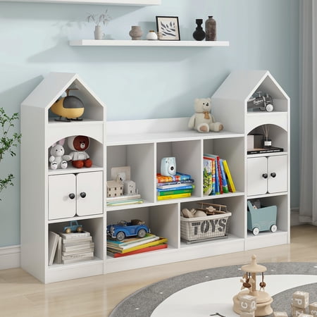 Vabches Kids Bookcase and Toy Storage Organizer, Children Bookshelf, Castle Shape, Playroom Furniture Multipurpose Shelf for Toddlers to Organize Toys and Books Magic Castle, White