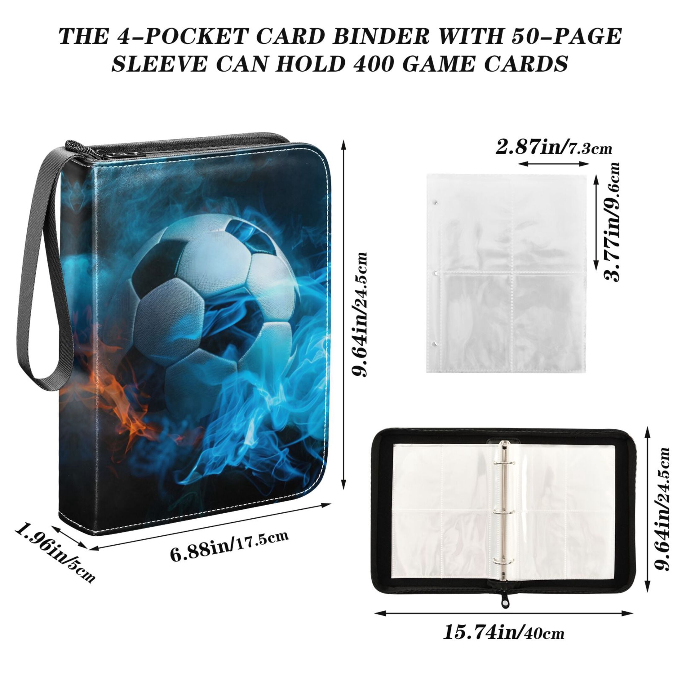 ALAZA Soccer Ball with Fire Trading Card Binder 4 Pocket Cards Collection Album 400 Folder Holder
