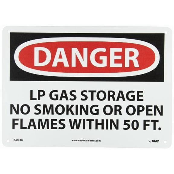 NMC D452AB OSHA Sign Legend DANGER LP GAS STORAGE NO SMOKING OR OPEN FLAMES WITHIN 50 FT 14 Length x 10 Height Aluminum Black Red on White