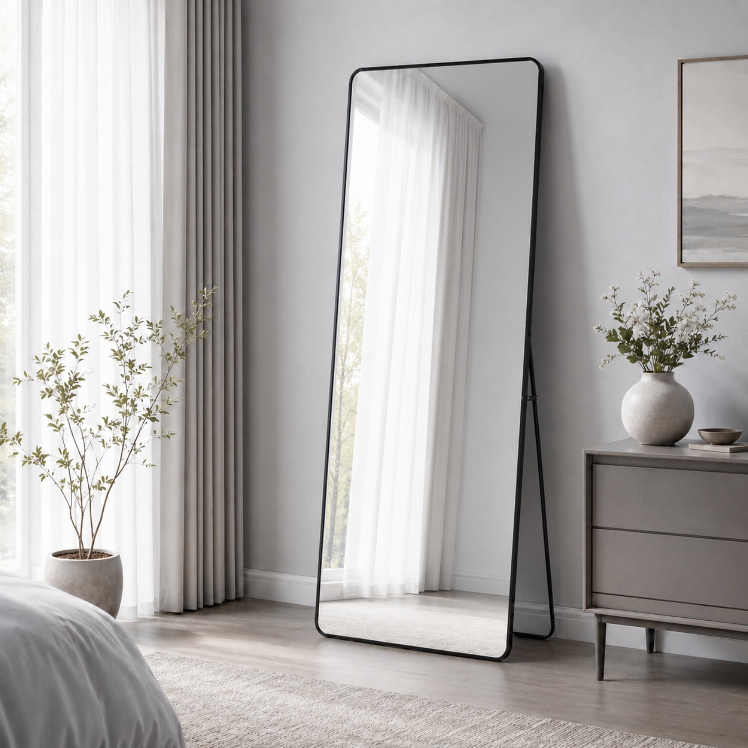 Easy4Home 64"x21" Rectangular Full Length Mirror Round Corner Freestanding Wall Mirror with Metal Frame, Black
