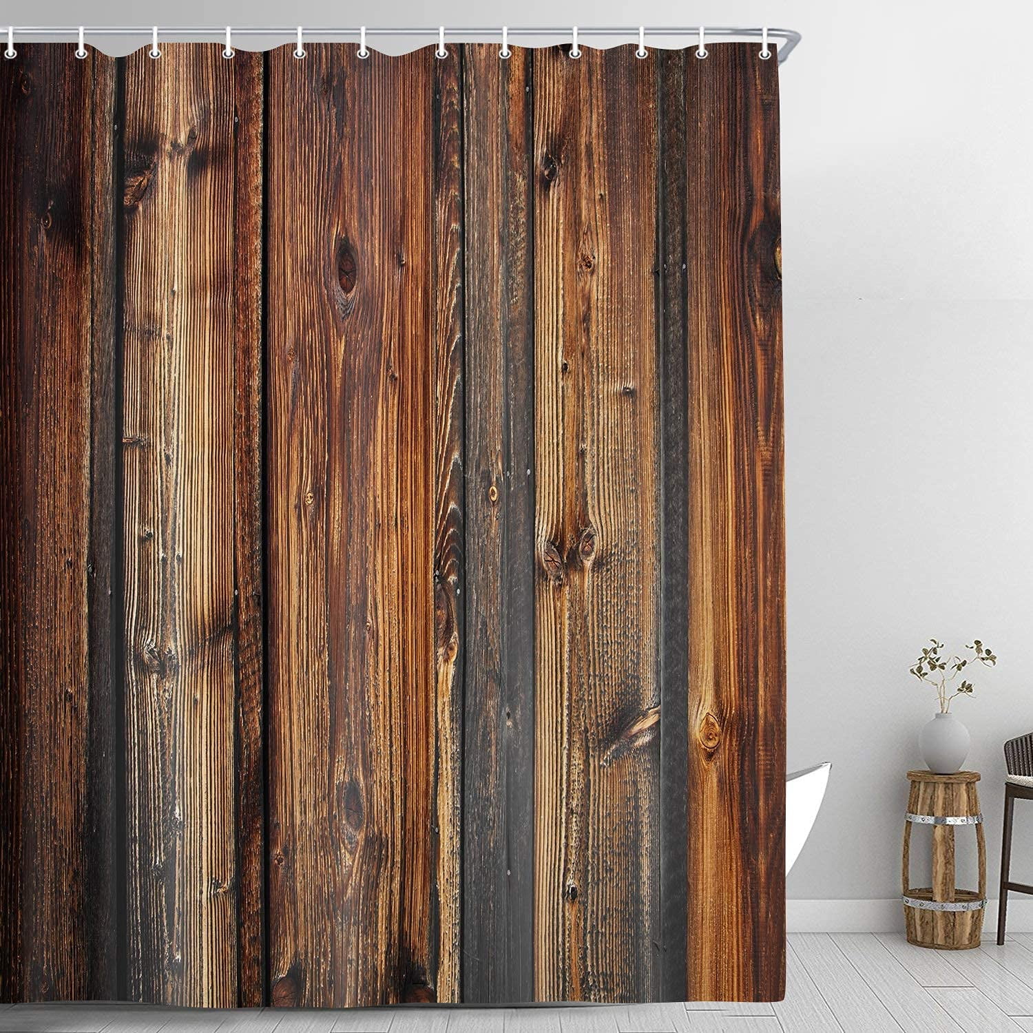 Rustic Wooden Board Shower Curtain, Western Barnwood Farmhouse Old Wood Plank Dark Brown Bath Curtains, Waterproof Fabric Bathroom Accessorry Sets with Hooks, 69x70 Inches