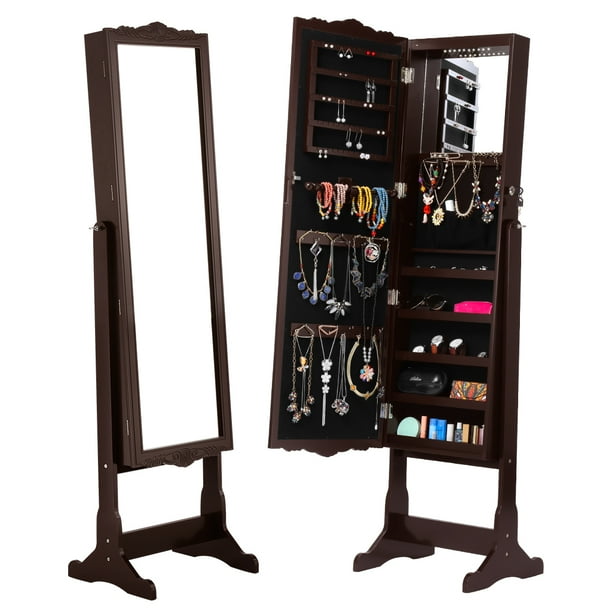 10 Leds Lockable Carved Jewelry Armoire Cabinet Free Standing With Full Length Mirror And Led Lights Com 10 Leds Lockable Carved Jewelry Armoire, Freestanding Jewellery Cabinet Full Length Mirror