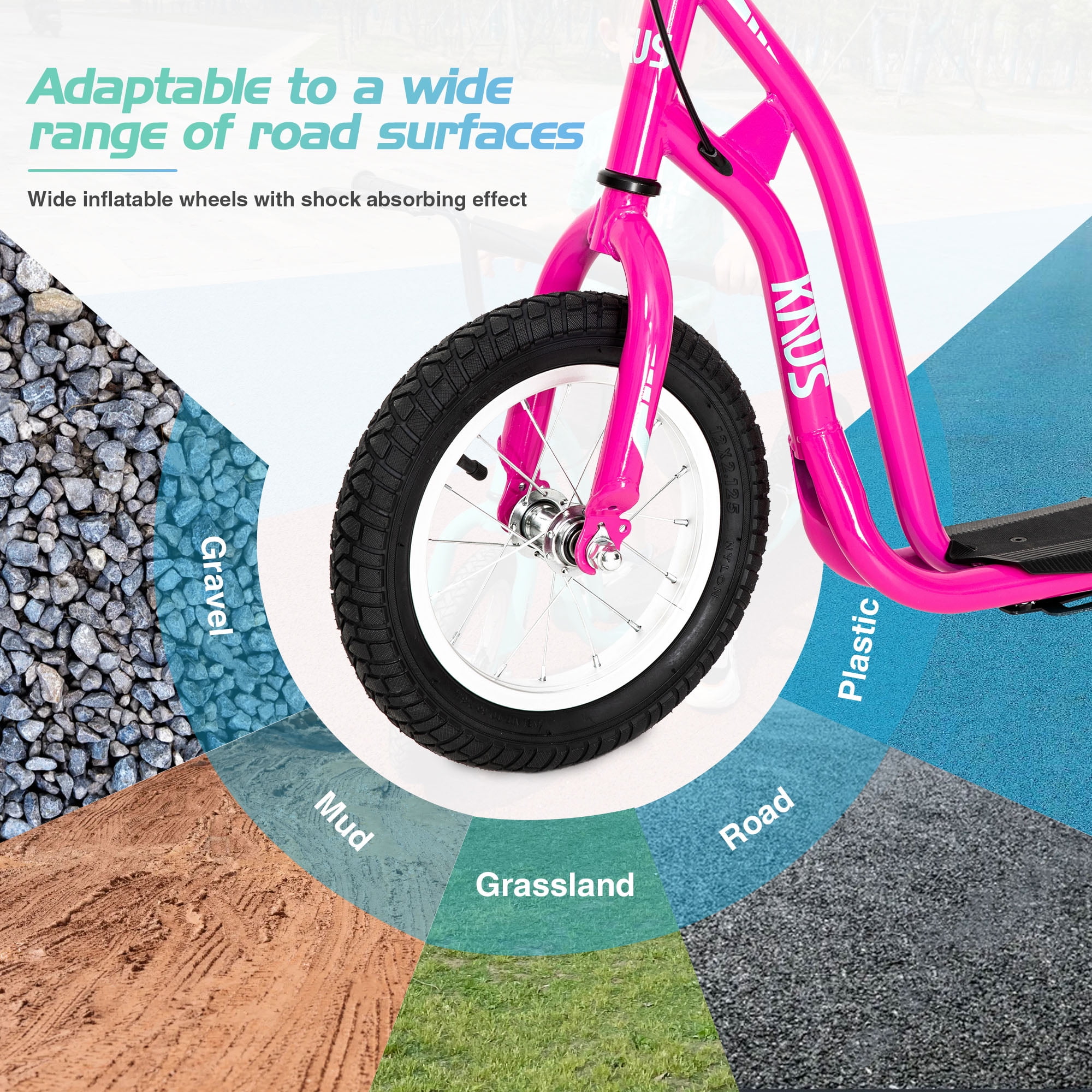 CIPACHO Youth Scooter Kick Scooter for Kids 5+ with Adjustable Handlebar 12" Front and Rear Dual Brakes Inflatable Wheels, Pink CIPACHO Youth Scooter Kick Scooter for Kids 5+ with Adjustable Handlebar 12" Front and Rear Dual Brakes Inflatable Wheels, Pink