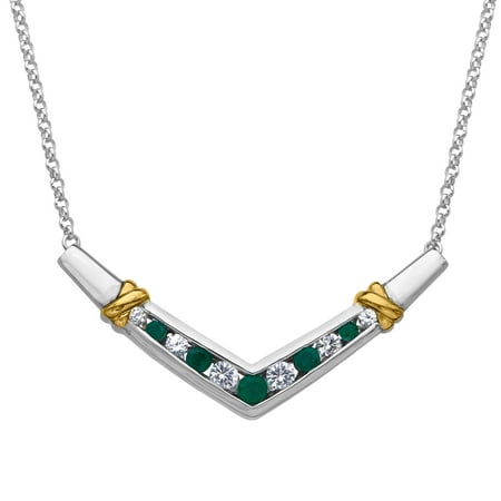 7/8 ct Natural Emerald and Created Sapphire Necklace in Sterling Silver and 14kt Gold